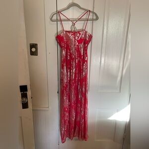 Strapless Watermelon Pink Evening Dress with Silver Foil Accents Silk/Metallic